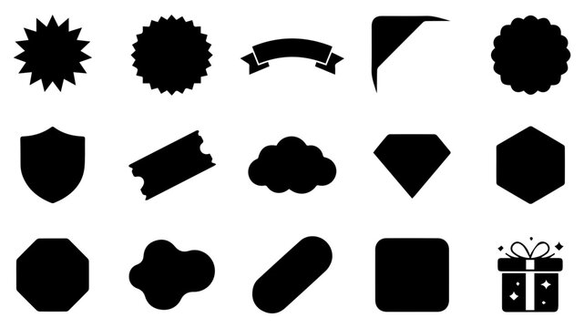 A collection of various black silhouette shapes including badges banners labels frames and decorative elements for graphic design projects