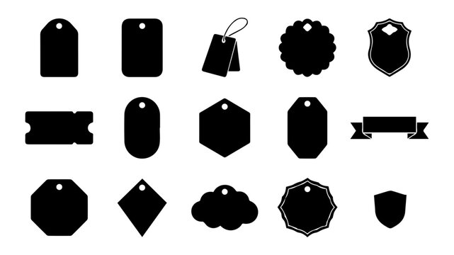 Collection of various black silhouette price tags and labels with different shapes for retail marketing and product branding design