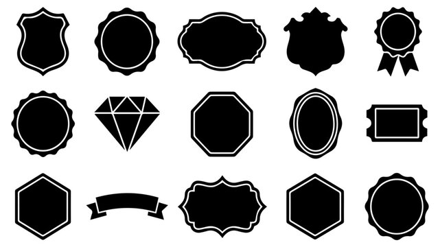 A collection of various black vintage frames and decorative label shapes isolated on a white background for graphic design