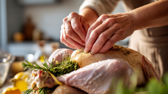 Senior Cook Seasoning Raw Turkey with Fresh Herbs in Home Kitchen Preparation