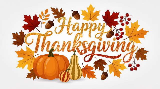 Happy Thanksgiving greeting with pumpkin, autumn leaves and acorns, seasonal celebration