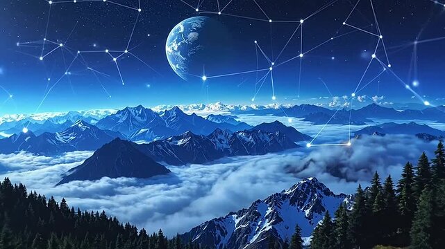 A glowing digital network connects over a vast mountain range