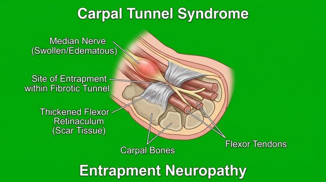 Medical illustration of carpal tunnel syndrome showing median nerve compression and fibrosis.