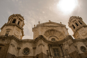 Dramatic low angle view of Cádiz Cathedral with twin towers, Andalusia, Spain © JoseManuel