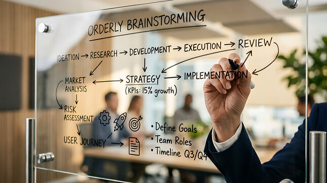 Professional business person writing a strategic development workflow on a glass whiteboard in an office.