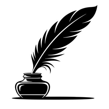 Black Silhouette Quill Pen and Inkwell Illustration for Antique Writing, Parchment Documents, Education, Literary Blogs, Author Publishing, and Creative Storytelling
