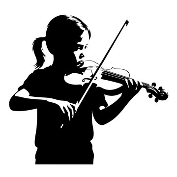 Young child violinist practicing string instrument with bow, a minimalist silhouette for music education, orchestra student blogs, and youth musician learning materials.