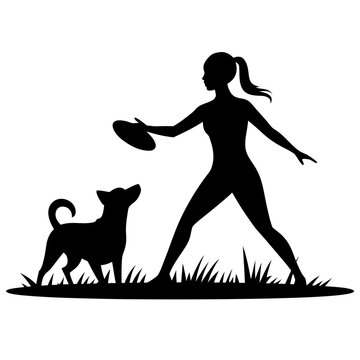 Woman throwing frisbee dog silhouette for pet owner active dog graphic, outdoor dog play symbol, canine interaction, animal companion bond, and active lifestyle pet owner designs