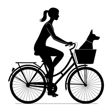 Black silhouette illustration of a woman cycling with a dog in a front bicycle basket for pet friendly urban cycling lifestyle blogs, active female cyclist content, and city travel concepts