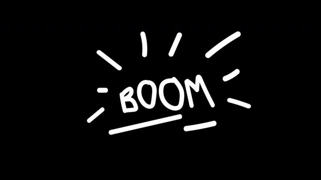  scribble BOOM text effect  White hand-drawn animation in black background 4K video