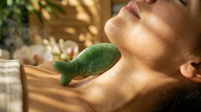 Woman receiving relaxed facial spa massage with a green jade fish-shaped gua sha tool on neck and jawline.