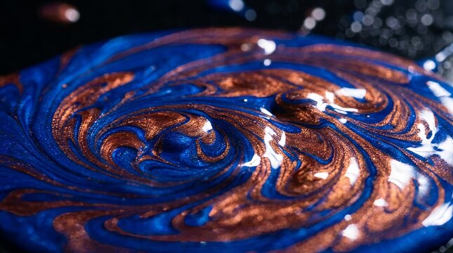 Macro texture of swirling cobalt blue and metallic copper fluid paint blending in rich liquid swirls.