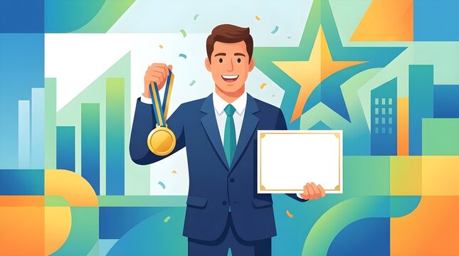Pengusaha Sukses Menerima Medali Emas dan Sertifikat Penghargaan, Konsep Pencapaian Bisnis Terbaik dan Prestasi Kerja Korporat