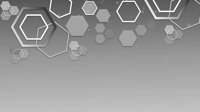 Abstract background with various hexagon outlines and solid hexagons clustered at top animation
