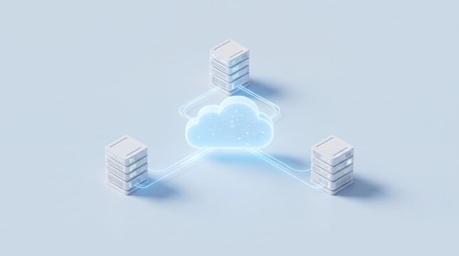 Cloud computing network architecture with connected server towers and data storage infrastructure cloud based tech stack server farm tech development data flow server node network technology