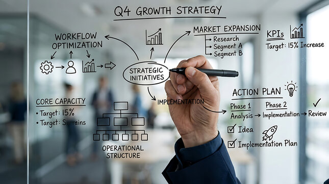 Professional business person writing a Q4 growth strategy plan on a glass wall in the office.