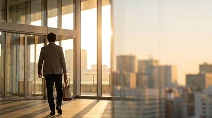 Fototapeta premium 夕方のオフィスを退勤する会社員の後ろ姿と仕事終わり