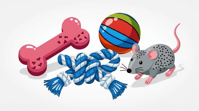 Pixel art dog bone toy, braided rope, colorful ball, and gray mouse with pink ears, playful pet accessories collection