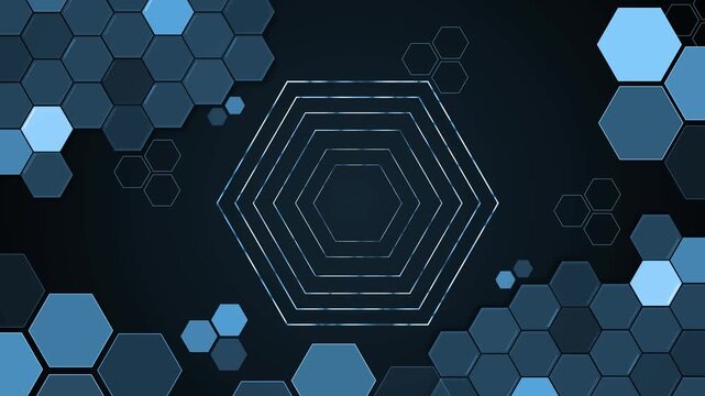 Monochrome hexagon concentric background animation, Dark abstract background with concentric hexagon lines at center and scattered 3d hexagonal tiles