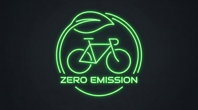 Neon green zero emission logo with bicycle and leaf.