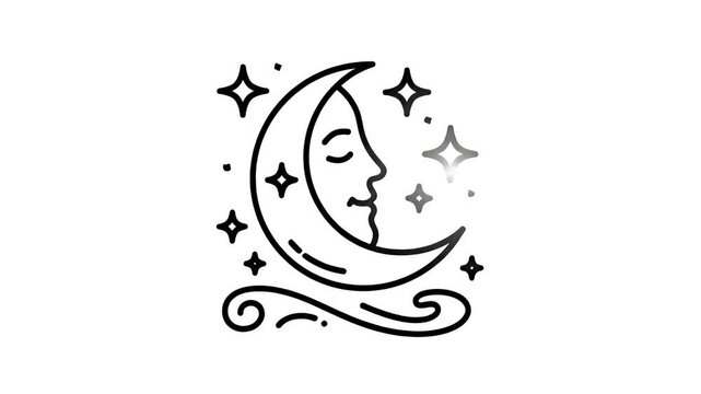 Hand drawn animated crescent moon with sleeping face surrounded by stars and dots motion graphic loop