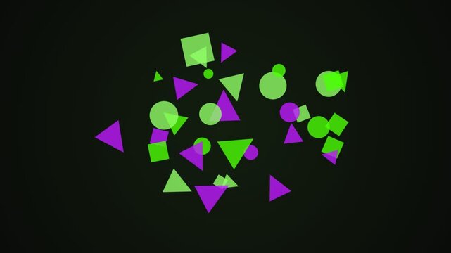 Abstract geometric shapes floating in a dynamic motion pattern with green and purple colors