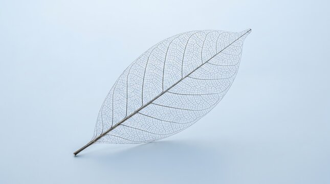 Macro view of a delicate skeletonized leaf isolated on light blue with skeleton delicate structure abstract background transparent botanical minimalism isolated ornamental