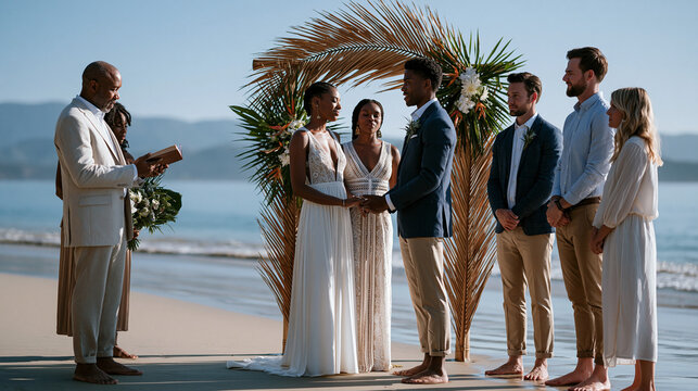 Wedding ceremony on a private Caribbean beach at low tide, the officiant reading from a small book while guests stand in a loose semicircle, all barefoot on damp sand, a woven