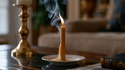 Fototapeta premium smoke wisp dark background with single thread of pale vapor rising from extinguished beeswax candle in minimalist meditation space after evening Rosh Hashanah observance ceremony