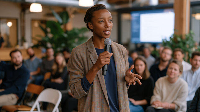 Community organizer facilitating a startup founder meetup in a converted warehouse space, audience of thirty professionals seated on mismatched chairs, speaker gesturing