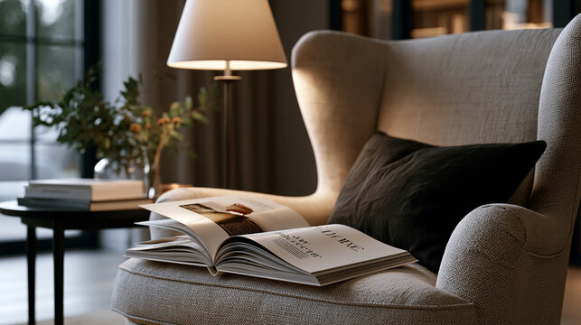 Glossy magazine cover layout mockup lying open on textured linen armchair beside reading lamp in cozy autumn living room setting, masthead and cover lines blank for branding,