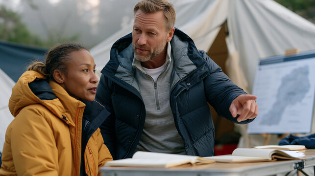 Seasoned executive participates in leadership development program wilderness immersion retreat debrief in industrial base camp tent, field notebooks open on folding table,