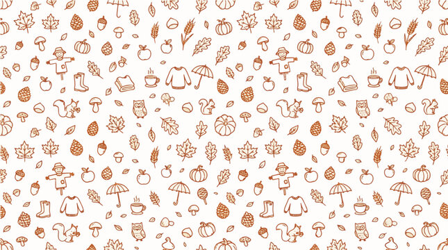 Fall Foliage Seamless Doodle Pattern with Pumpkins, Squirrels and Cozy Sweaters