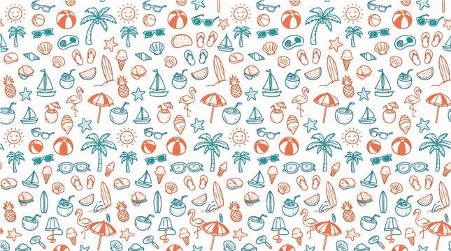 Summer Beach Seamless Doodle Pattern with Surfboard, Sailboat and Flip Flops in Orange and Teal
