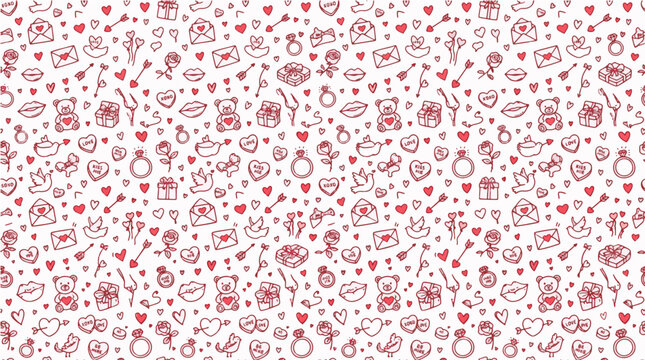 Valentine's Day Seamless Doodle Pattern with Hand Drawn Hearts, Love Letters and Rings