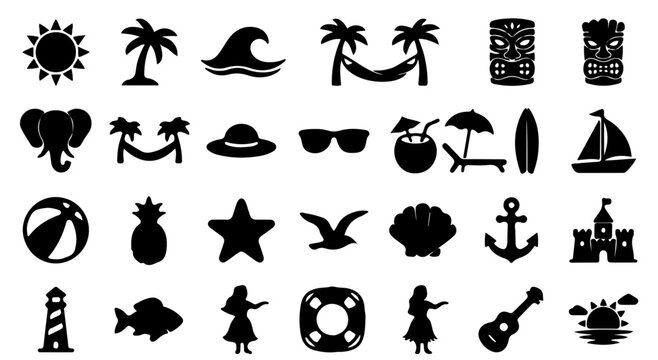 Summer Beach Silhouette Icon Set - Palm Tree, Hammock, Sunglasses and Cocktail