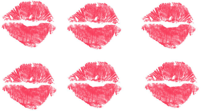 Red Lipstick Lip Print Pattern on White Background &ndash; Kiss Mark Imprint with Texture, Beauty Makeup Brush Design, Valentine's Romance Symbol

