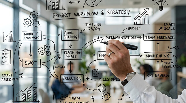 Business professional drawing a complex project workflow and strategy diagram on a glass wall.