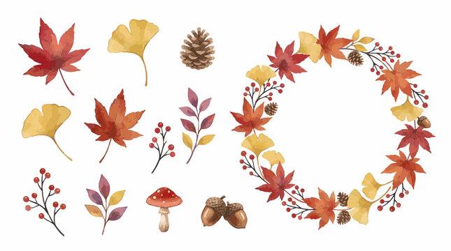 Autumn Wreath with Maple Leaves, Ginkgo, Pinecone, Mushroom and Acorn Watercolor Illustration