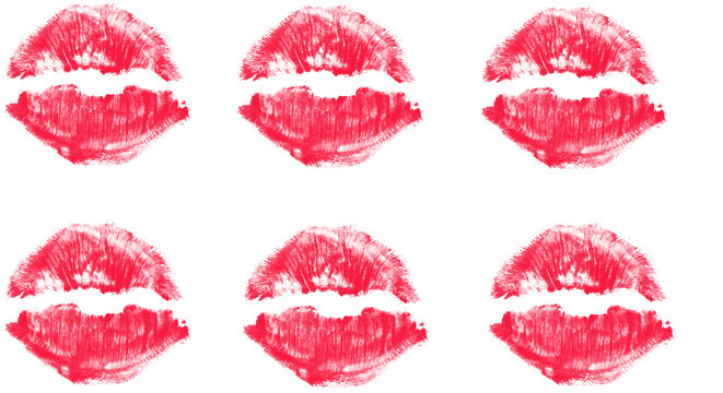 Red Lipstick Kiss Prints Pattern on White Background &ndash; Smudged Lips Marks, Kiss Mark Brush Texture, Valentine's Day Romance Symbol

