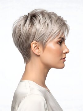 AI generated minimalist profile portrait of a woman with a short stylish blonde pixie cut hairstyle