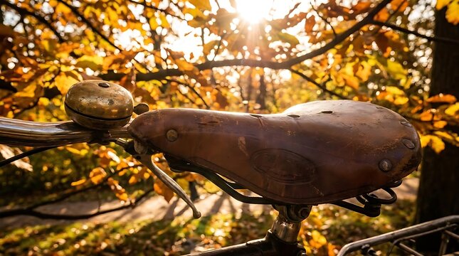 Vintage leather bicycle saddle and bell in autumn sunlight.