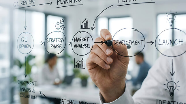 Business professional drawing a project development workflow on a glass wall in modern office.
