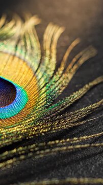 Peacock Feather Iridescence Macro with Light Sweep and Dark Slate Copy Space for Janmashtami Cultural Gala Event Promo and Luxury Hotel Banner