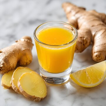 Photorealistic Macro Shot of Golden Ginger Shot in Small Glass with Fresh Ginger Root