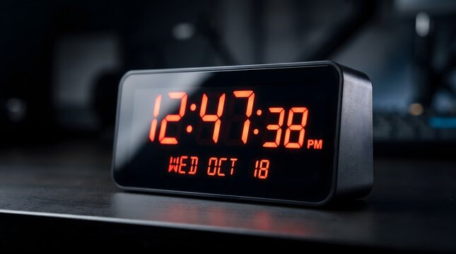 Modern digital LED clock displaying 12:47 PM and Oct 18 on dark background