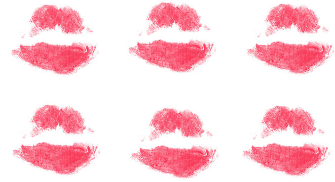 Six Red Lipstick Kiss Marks in Two Rows on White Background, Grunge Lip Print Pattern, Repeated Impact Texture for Graphic Design

