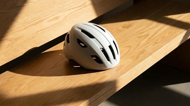 White bicycle helmet on wooden bench in sunlight.