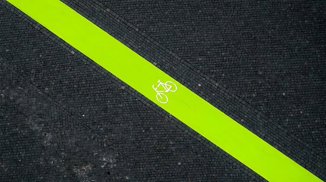 Minimalist top view of yellow bicycle lane markings.
