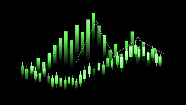 Monochrome financial chart with candlesticks and volume bars animation